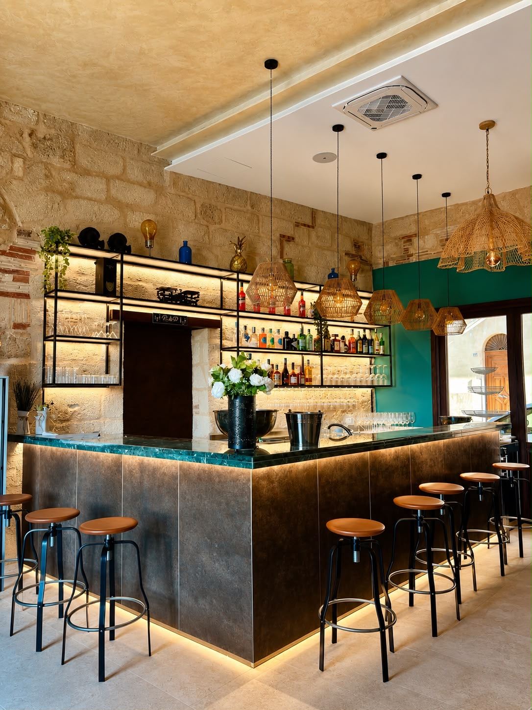 Il bar principale con luci sospese in rattan