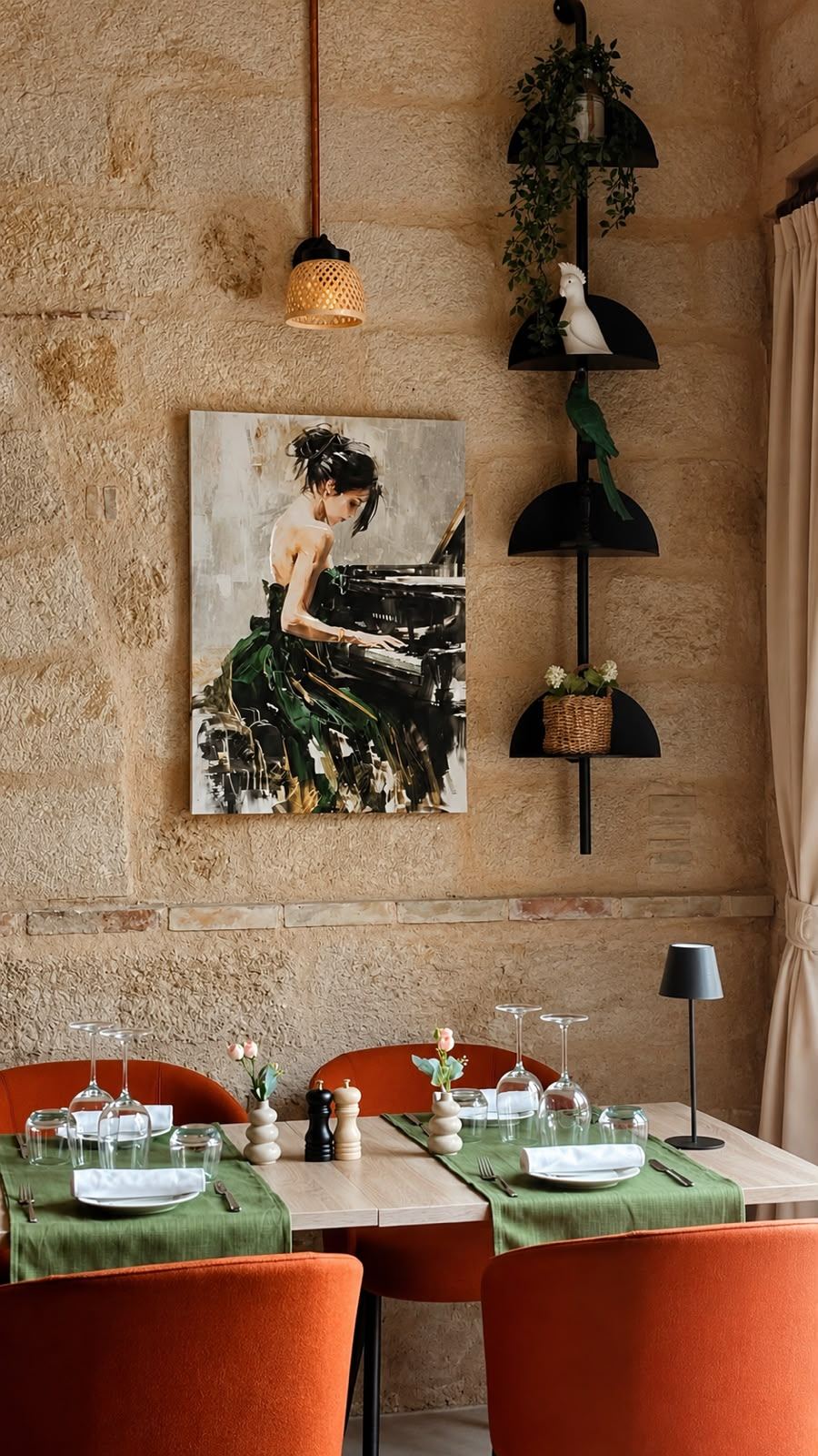 Sala da pranzo con pareti in pietra siciliana e sedute color terracotta