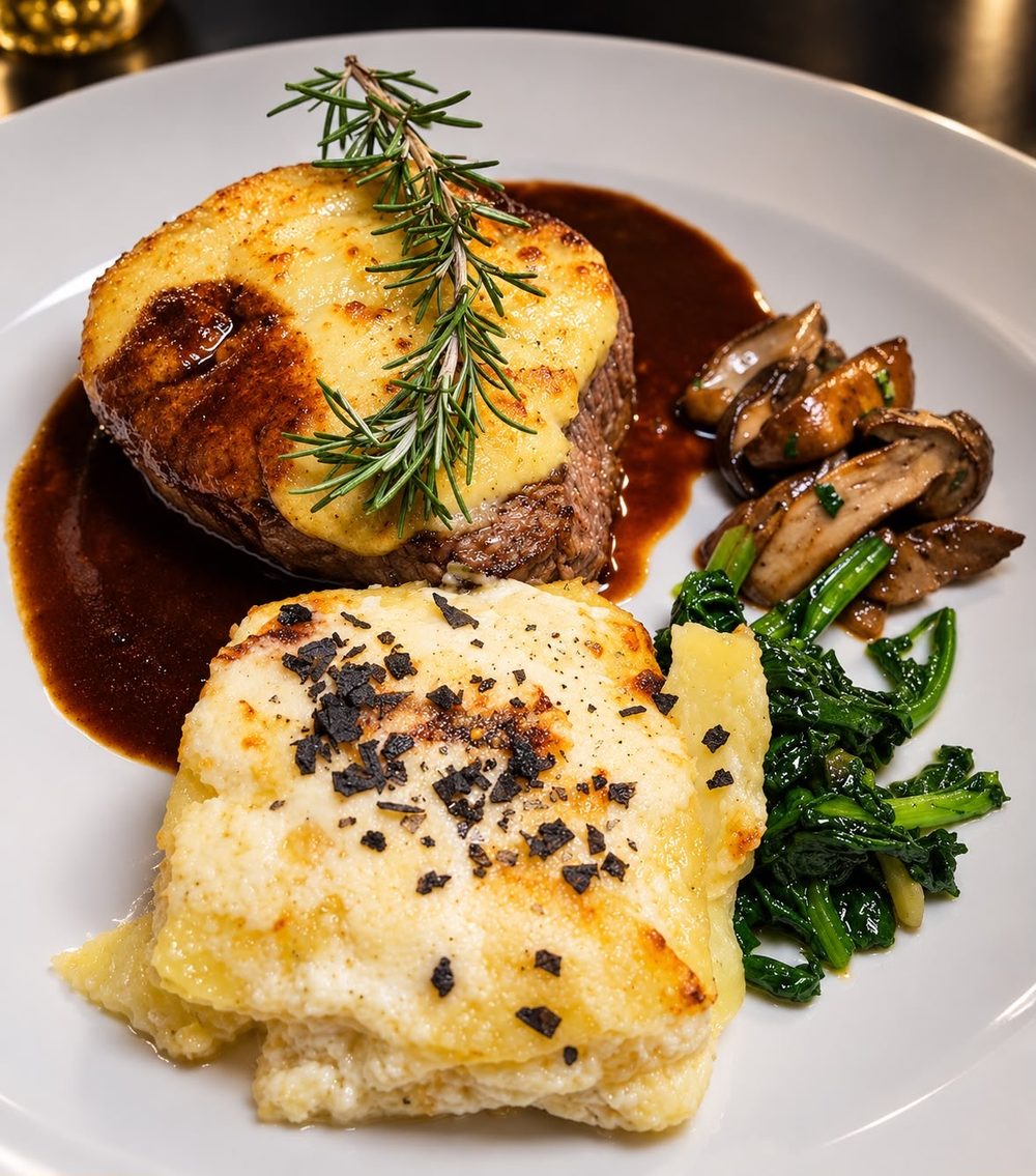 Filetto Reale al Parmigiano con gratin di patate e funghi porcini