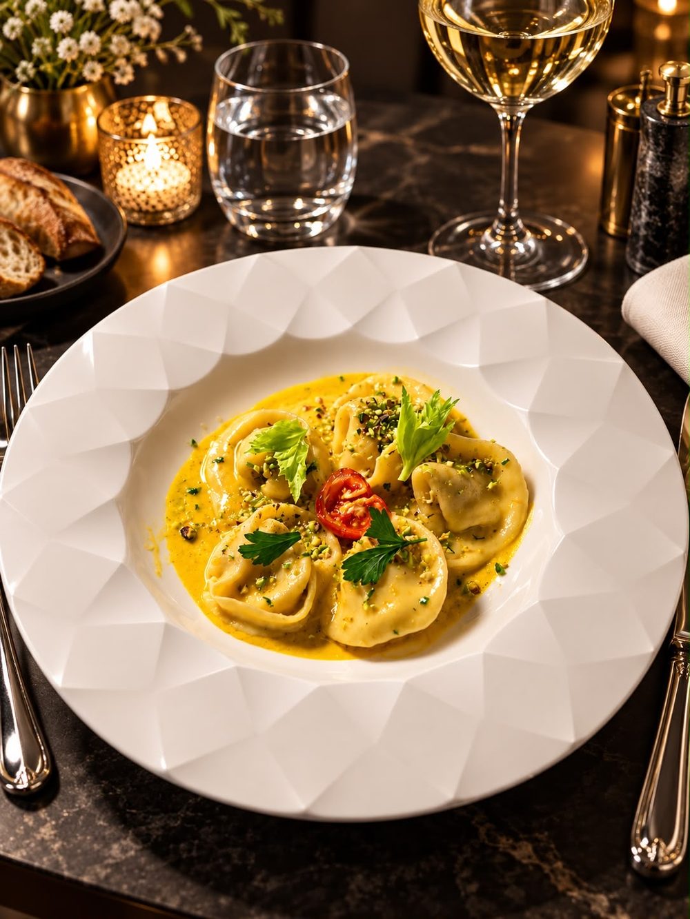 Perla di Sicilia, fagottini con zafferano, salvia e pistacchio