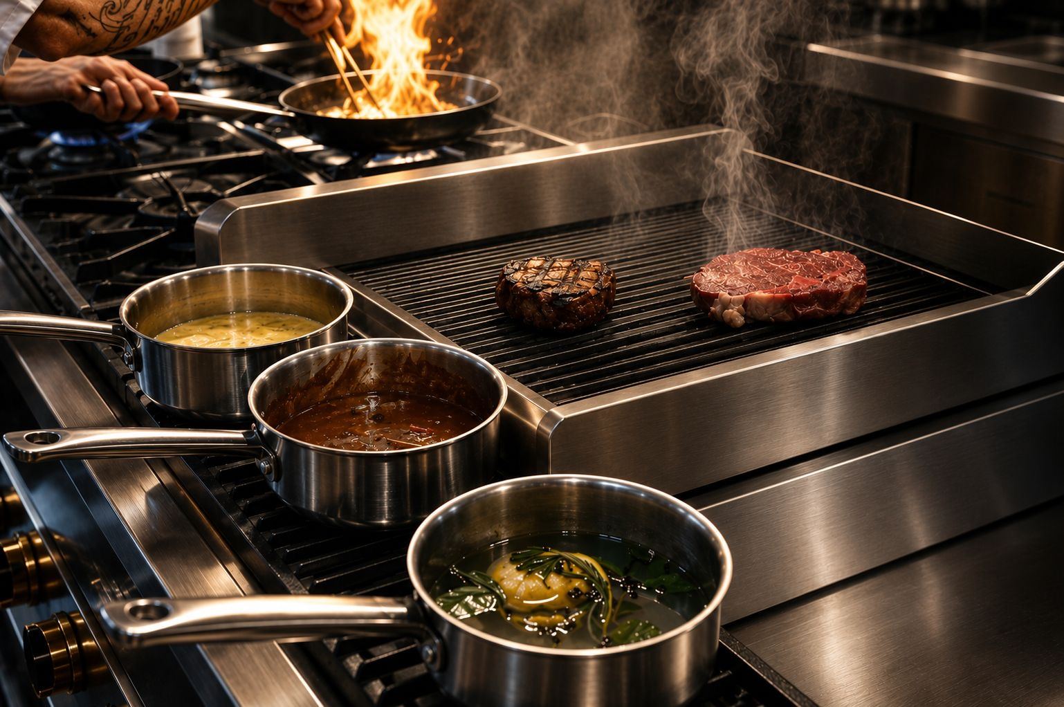 Cottura alla griglia in cucina, tra fiamma e fondi di cottura